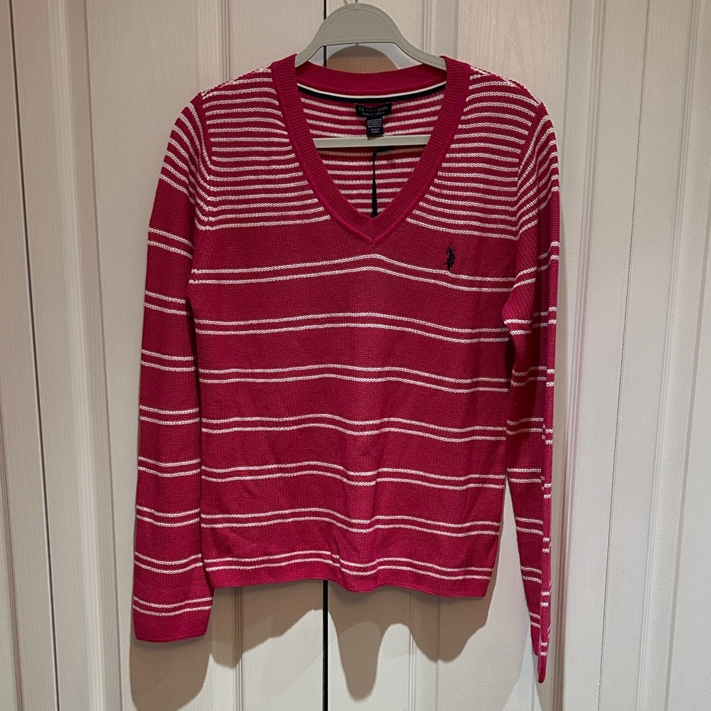 U.S. Polo Assn. Pink and White Striped V-Neck Sweater
